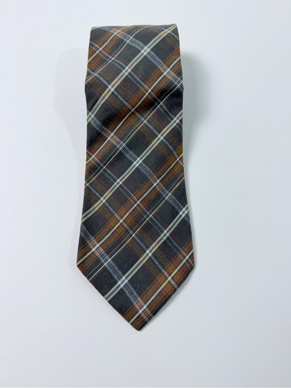 Banana Republic Italy 100% Cotton Plaid Necktie Gray Brown Check Tie Mens
